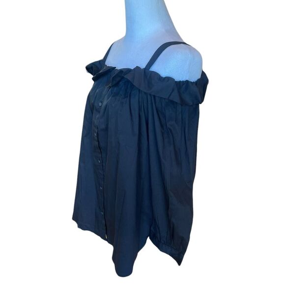 Loft Black Ruffle Off The Shoulder Button Up Blouse Size Medium Petite NWT - Picture 3 of 10